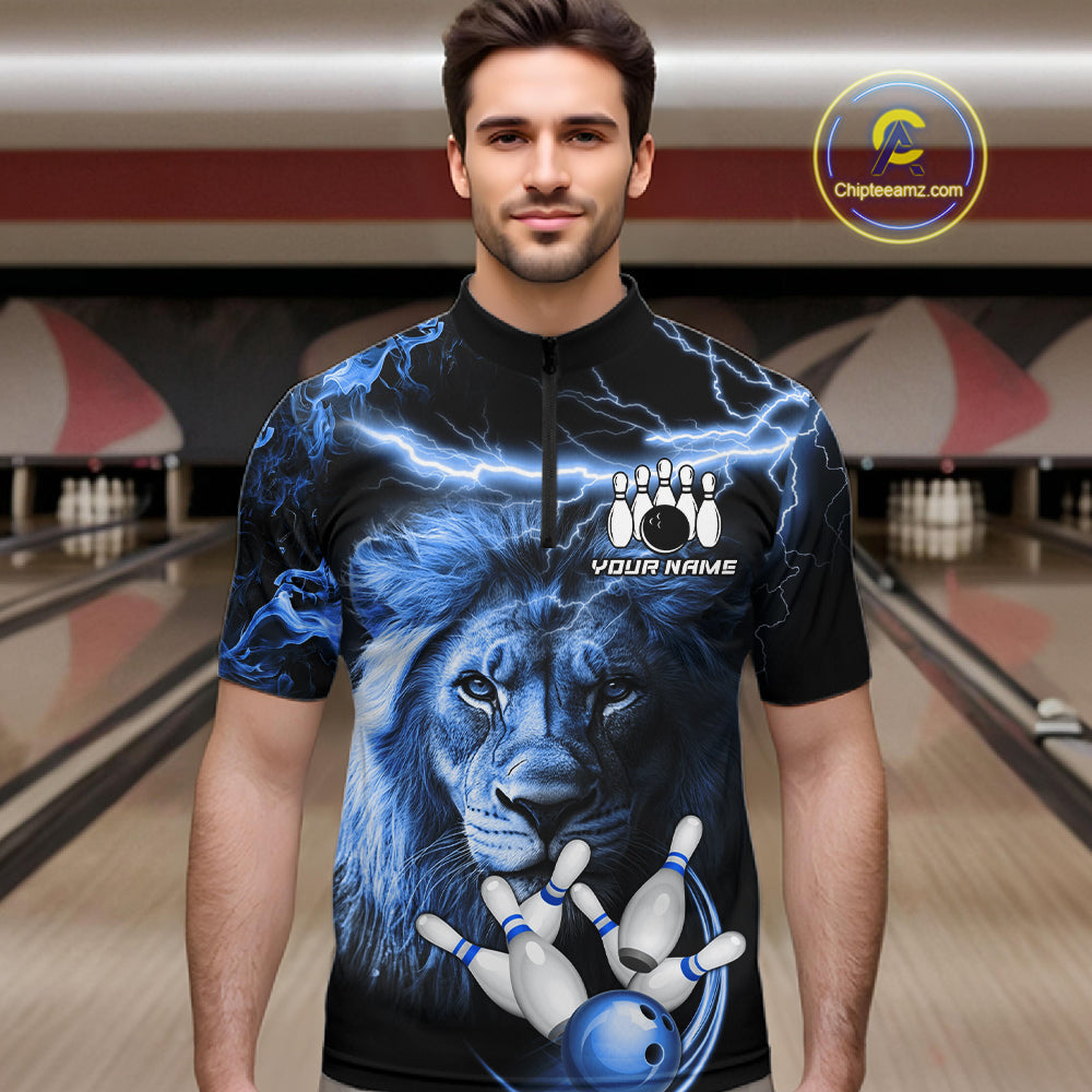 Man wearing personalized blue lightning thunder lion bowling team jersey quarter zip shirt featuring blue lightning lion artwork, front view.
