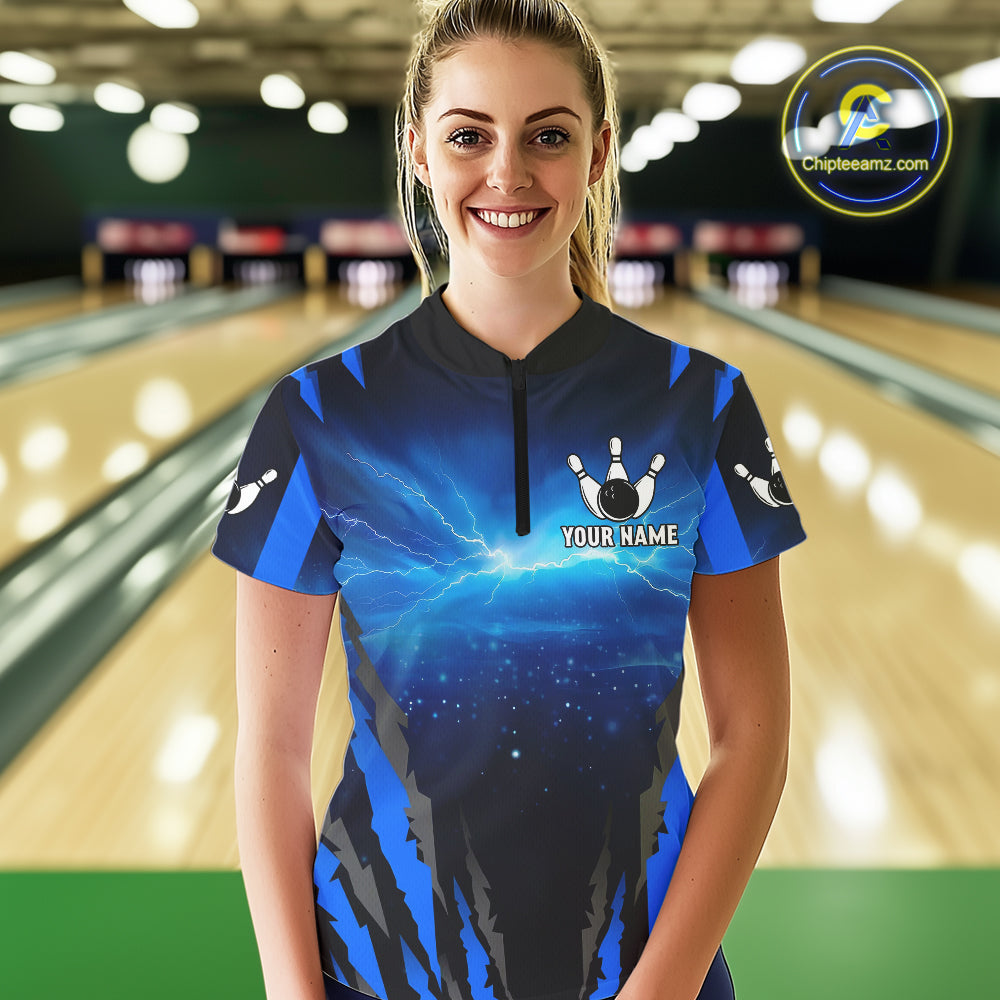 Personalized Blue Thunder Lightning Cobra Snake Bowling Shirts For Women, Bowling Team Jersey TDM4643