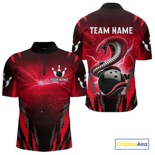 Personalized Thunder Lightning Cobra Snake Bowling Shirts For Men, Red Bowling Team Jersey TDM4644