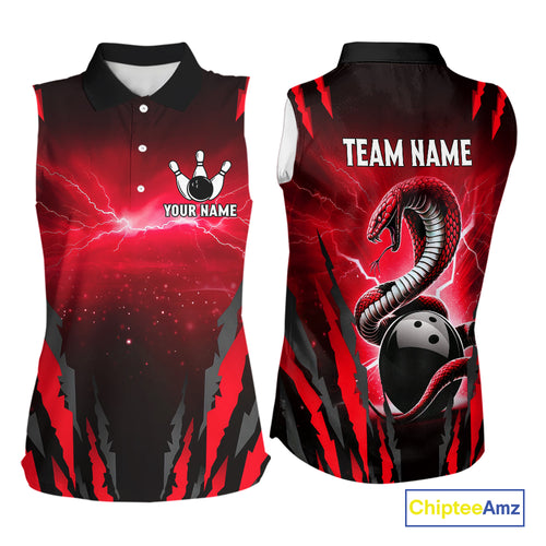 Personalized Thunder Lightning Cobra Snake Bowling Sleeveless Polo Shirt, Red Bowling Jersey TDM4644