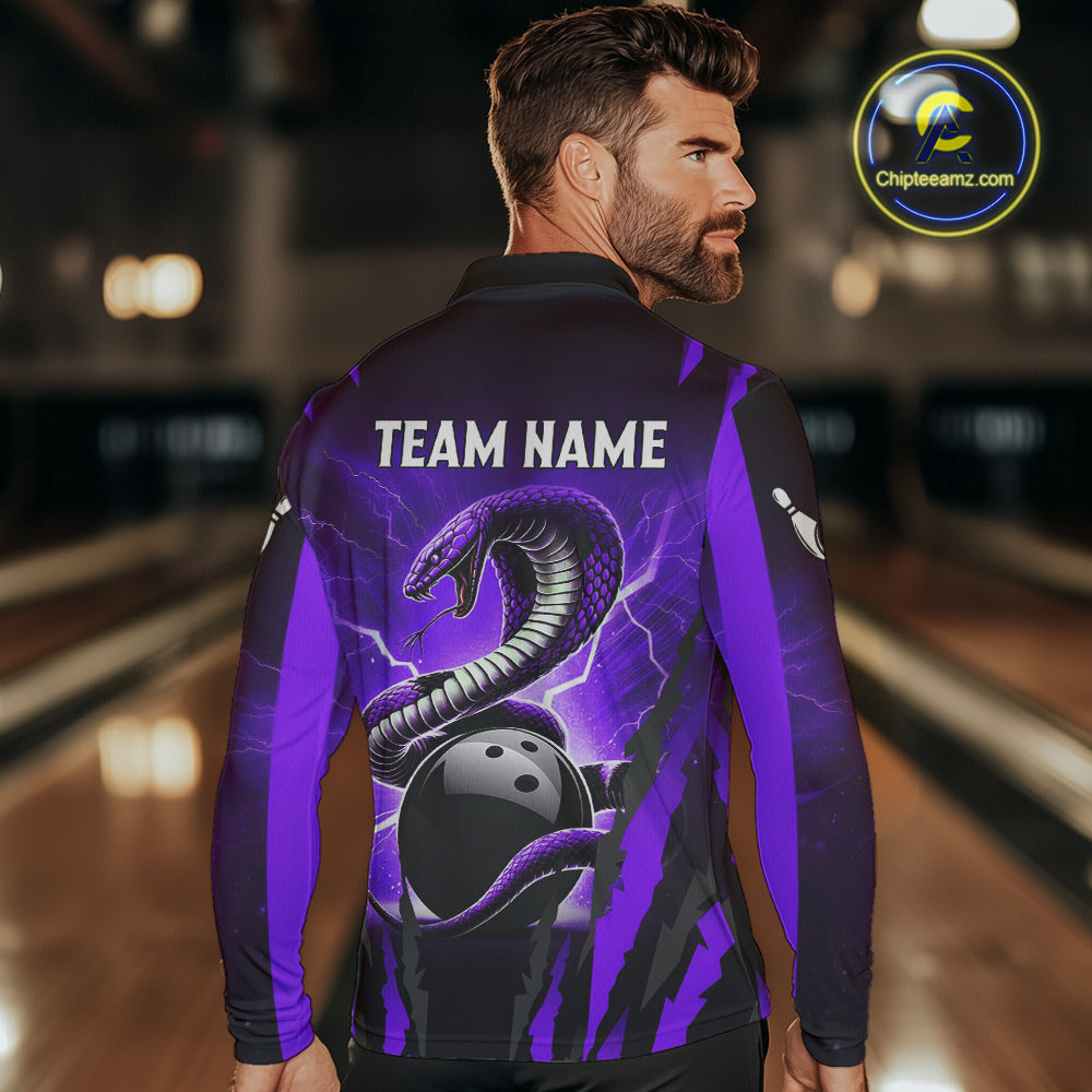 Personalized Purple Thunder Lightning Cobra Snake Bowling Shirts For Men, Bowling Team Jersey TDM4645