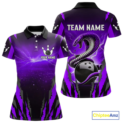 Personalized Purple Thunder Lightning Cobra Snake Bowling Shirts For Women, Bowling Team Jersey TDM4645