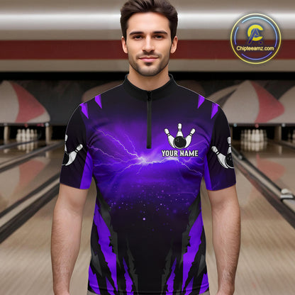 Personalized Purple Thunder Lightning Cobra Snake Bowling Shirts For Men, Bowling Team Jersey TDM4645