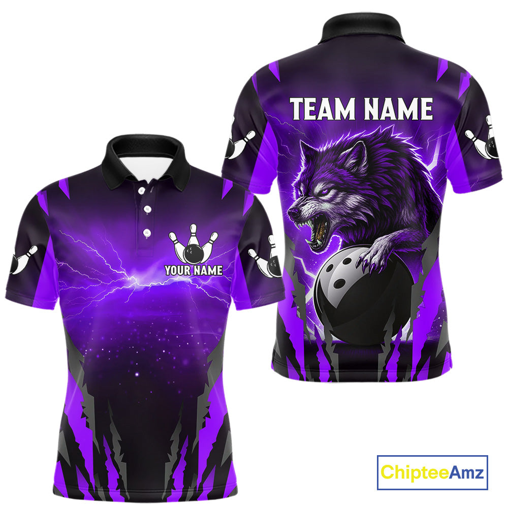 Purple Thunder Lightning Custom Wolf Bowling Shirts For Men, Bowling Team Jersey Polo & 1/4 Zip TDM4646