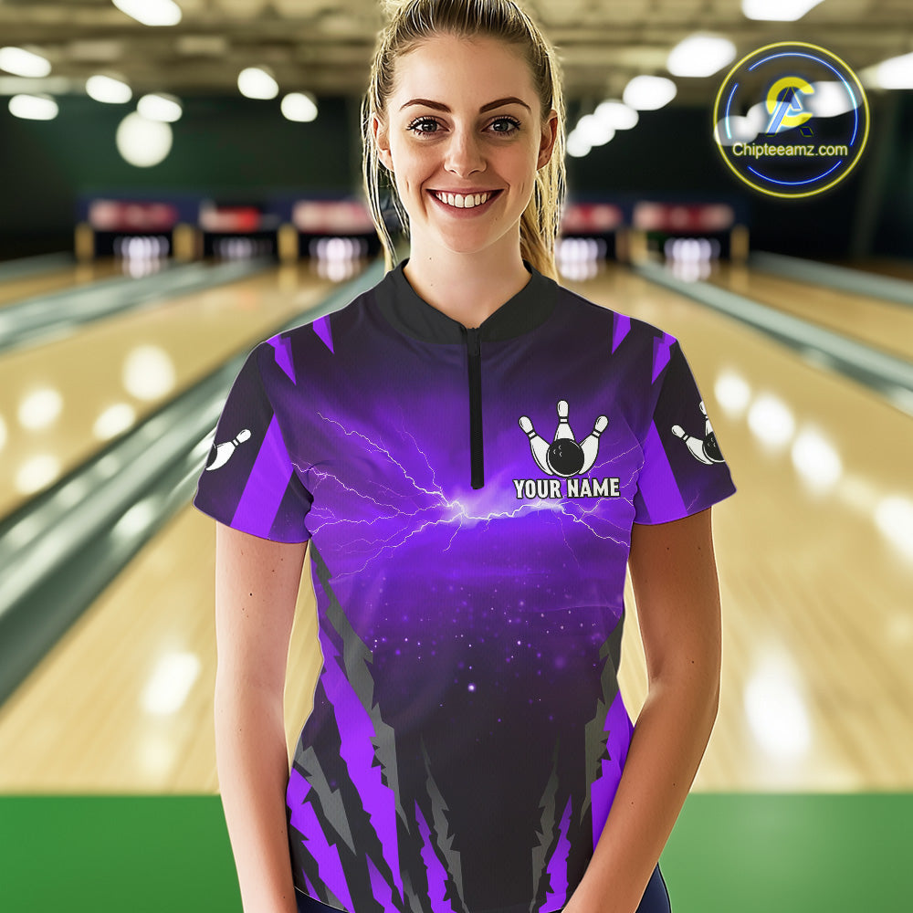 Purple Thunder Lightning Custom Wolf Bowling Shirts For Women, Bowling Team Jersey Polo & 1/4 Zip TDM4646