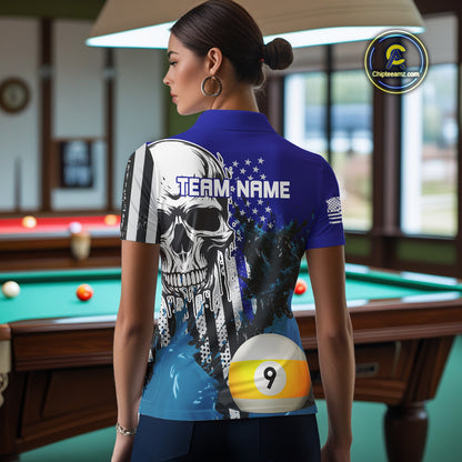 Personalized 8 & 9 Ball Pool Skull Billiard Shirt For Women Custom Grunge Billiard Team Jersey |Blue TDM4648