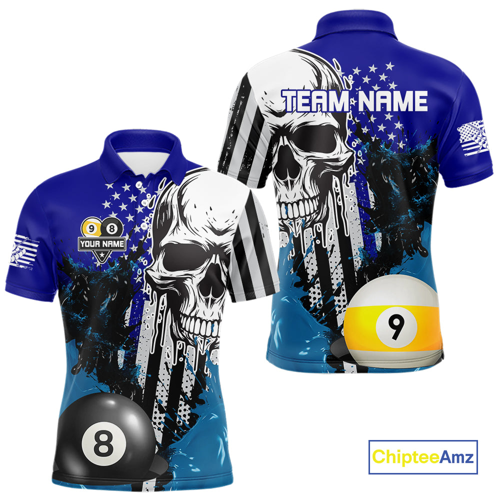 Personalized 8 & 9 Ball Pool Skull Billiard Shirt For Men Custom Grunge Billiard Team Jersey |Blue TDM4648