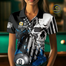 Load image into Gallery viewer, Personalized 8 &amp; 9 Ball Pool Skull Billiard Shirt For Women Custom Grunge Billiard Team Jersey |Blue TDM4649