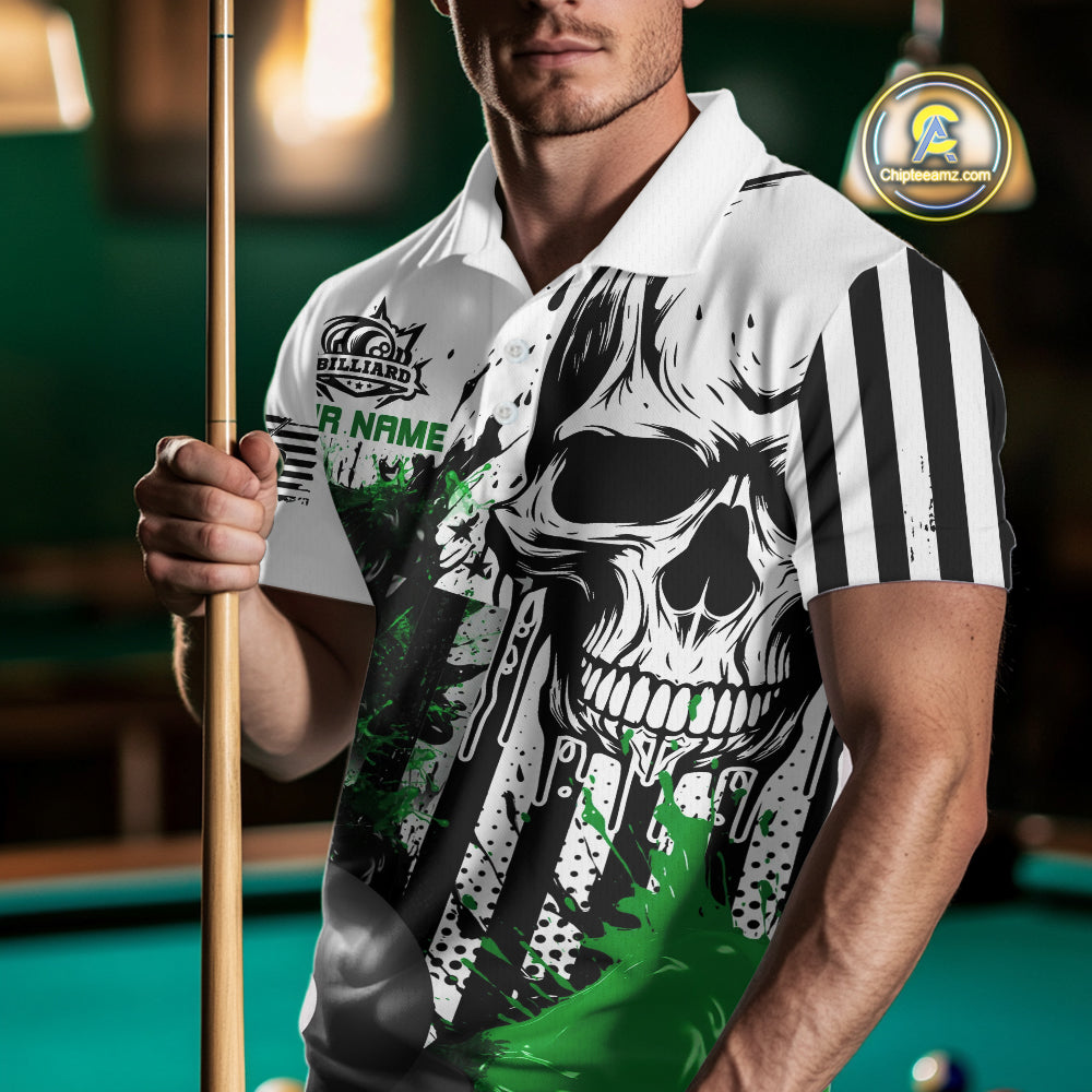 Personalized Green Grunge Skull Billiards Shirts For Men Custom Retro Billiard Team Jerseys Attire TDM4650