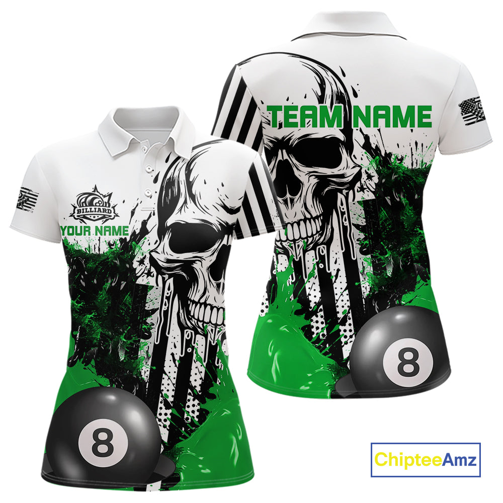 Personalized Green Grunge Skull Billiards Shirts For Women Custom Retro Billiard Team Jerseys Attire TDM4650