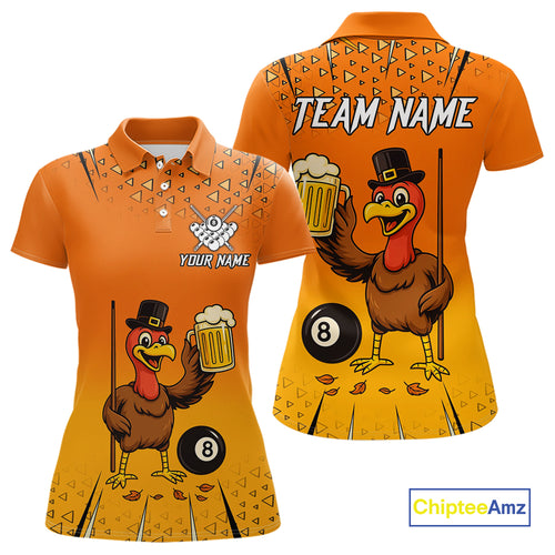 Orange Funny Turkey 8 Ball Pool Billiard Shirt For Women Custom Thanksgiving Billiard Jersey TDM4836