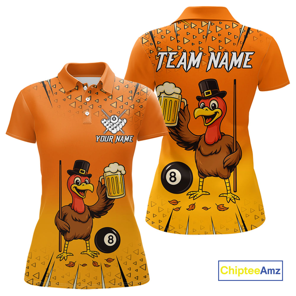 Orange Funny Turkey 8 Ball Pool Billiard Shirt For Women Custom Thanksgiving Billiard Jersey TDM4836