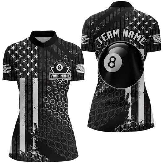 Personalized Black White American Flag Billiard Shirts For Women, Patriotic 8 Ball Billiard Jerseys TDM3476