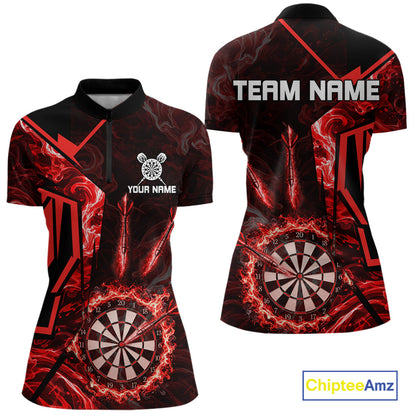 Black And Red Swirl Fire Flame Darts Shirt For Women Custom Darts Jersey Team Polo & 1/4 Zip TDM6145