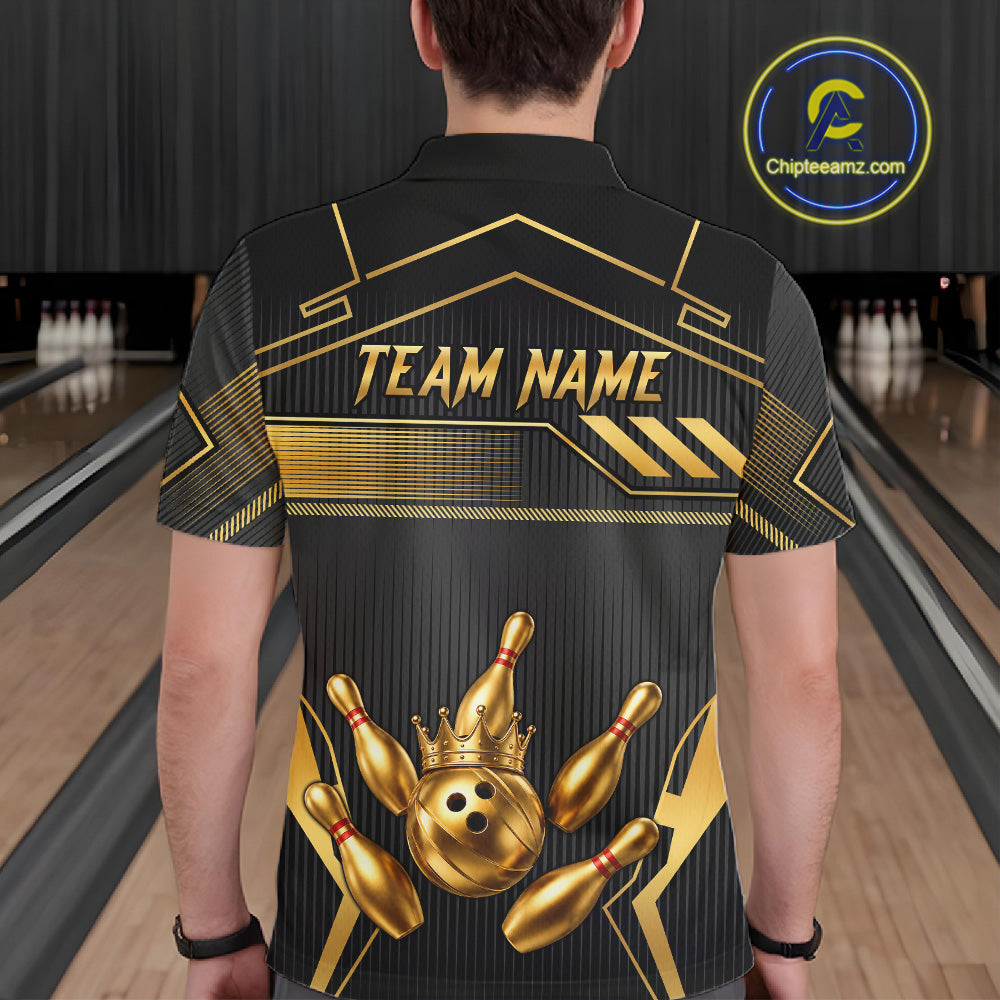 Black And Gold Custom Crown Bowling Ball Polo & Quarter Zip For Men, Bowling League Team Jersey TDM6569