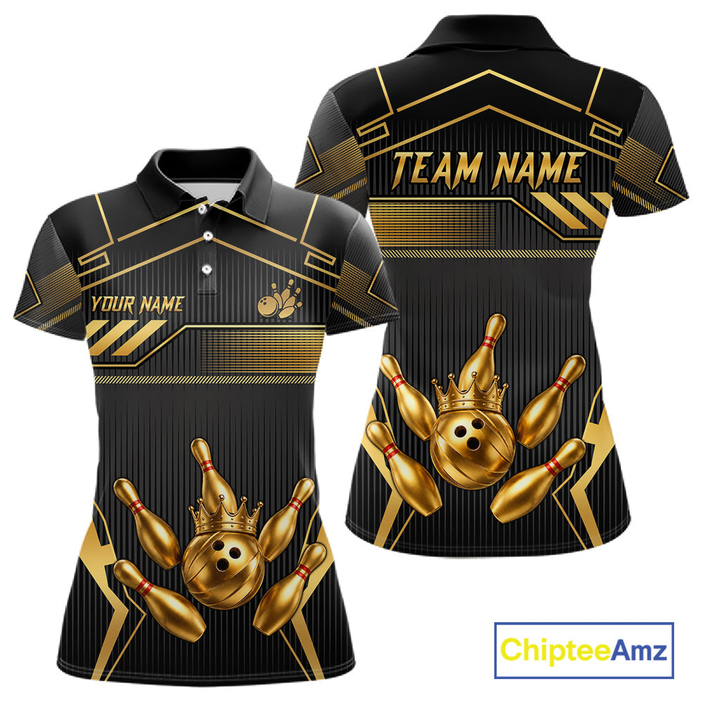 Black And Gold Custom Crown Bowling Ball Polo & Quarter Zip For Women, Bowling League Team Jersey TDM6569