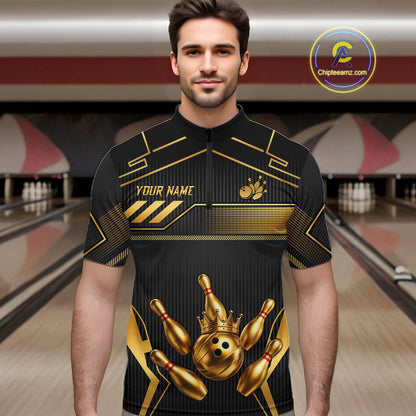 Black And Gold Custom Crown Bowling Ball Polo & Quarter Zip For Men, Bowling League Team Jersey TDM6569