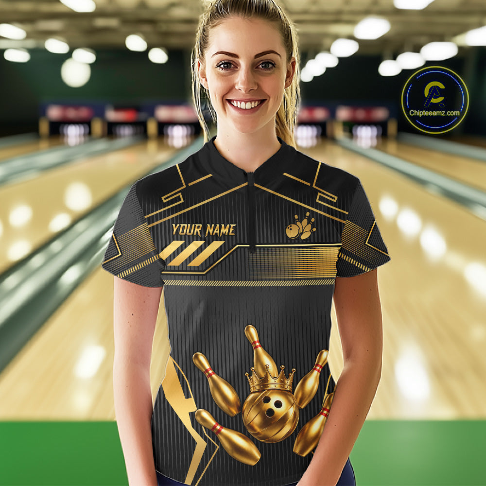 Black And Gold Custom Crown Bowling Ball Polo & Quarter Zip For Women, Bowling League Team Jersey TDM6569