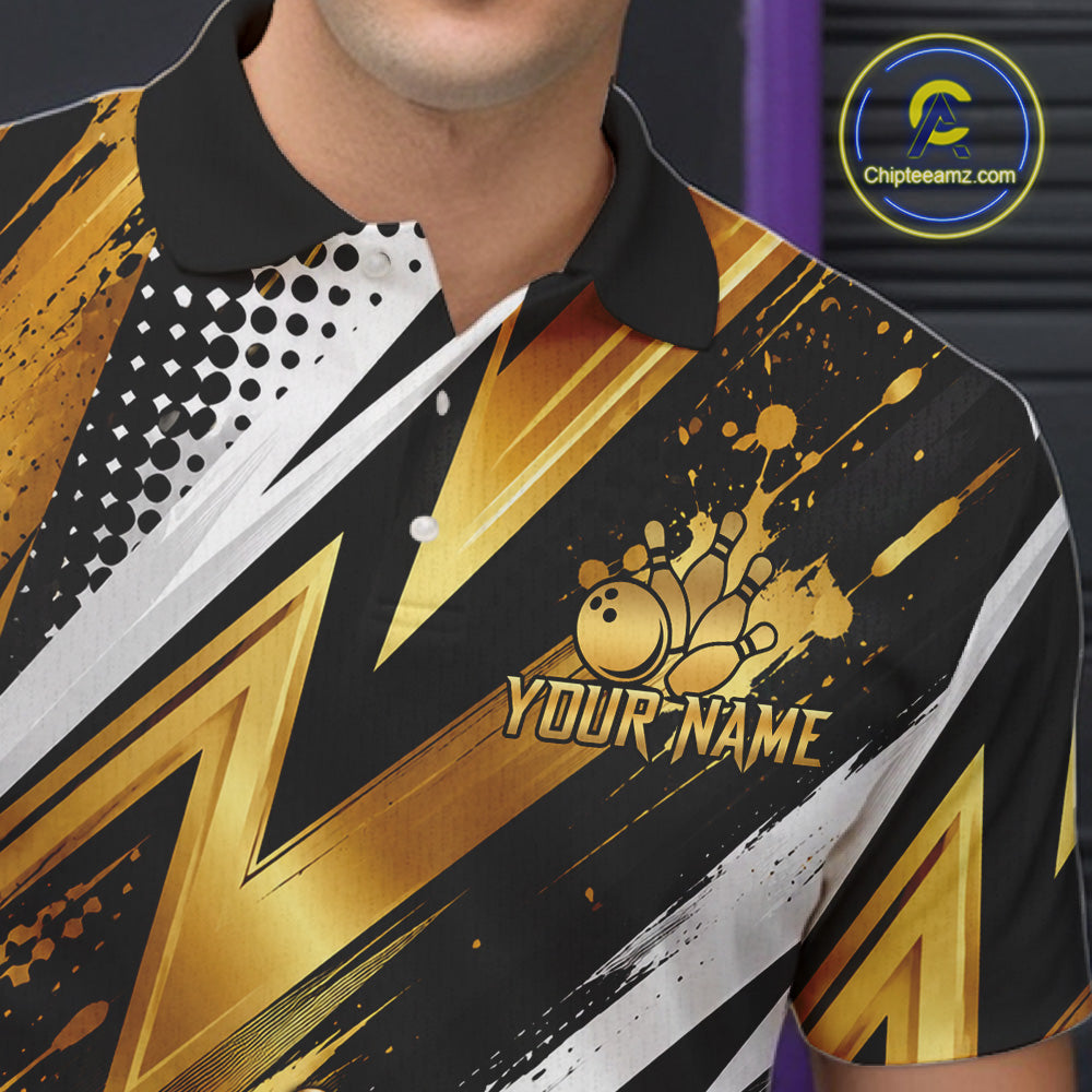Custom Black And Gold Bowling Jersey For Men, Crown Bowling Team Shirts Polo & Quarter Zip Shirts TDM6570