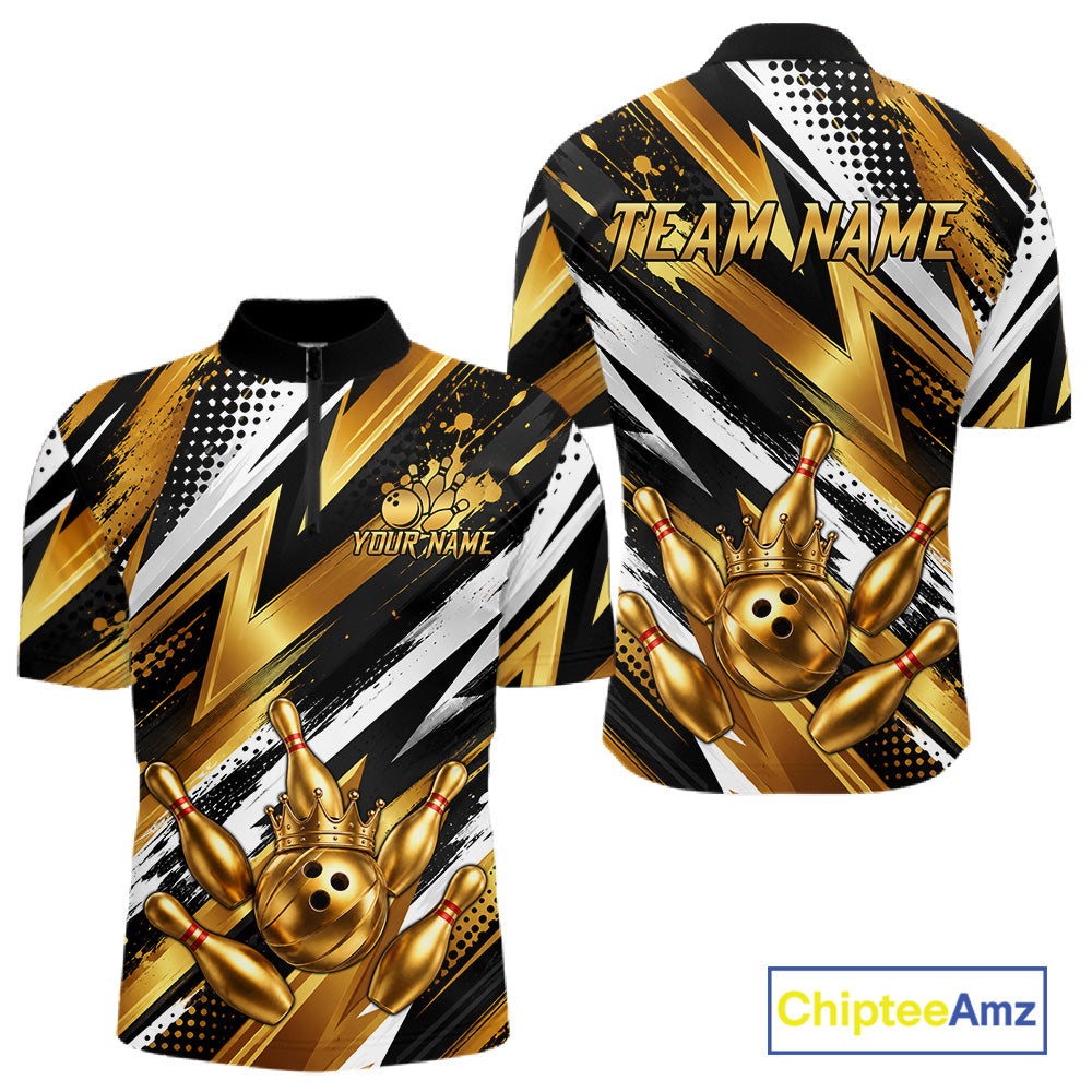 Custom Black And Gold Bowling Jersey For Men, Crown Bowling Team Shirts Polo & Quarter Zip Shirts TDM6570