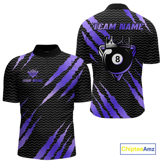 Black And Purple Scratch Billiard Shirt For Men Custom 8 Ball Crown Pool Team Jersey Polo, 1/4 Zip TDM4240