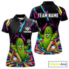 Load image into Gallery viewer, Colorful cactus 8 ball billiard polo shirt for women with custom pool team graphics.