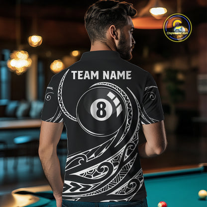 Black White 8 Ball Pool Tribal Billiard Shirt For Men Custom Billiard Team Jersey Polo & 1/4 Zip TDM4411