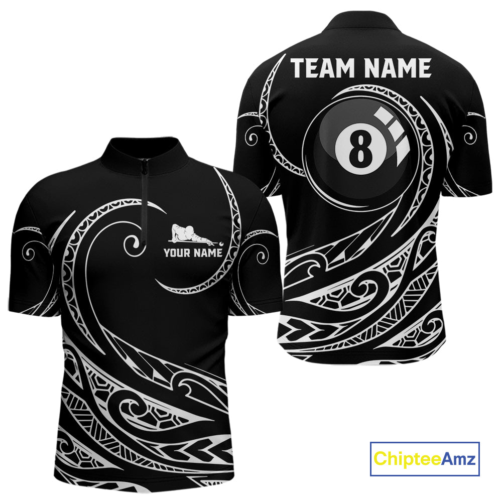 Black White 8 Ball Pool Tribal Billiard Shirt For Men Custom Billiard Team Jersey Polo & 1/4 Zip TDM4411