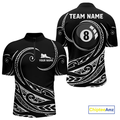 Black White 8 Ball Pool Tribal Billiard Shirt For Men Custom Billiard Team Jersey Polo & 1/4 Zip TDM4411