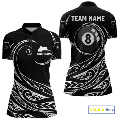 Black White 8 Ball Pool Tribal Billiard Shirt For Women Custom Billiard Team Jersey Polo & 1/4 Zip TDM4411