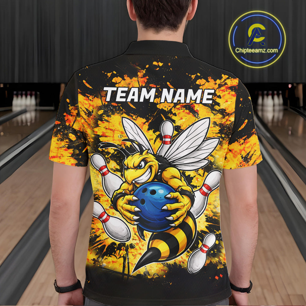 Funny Bee Custom Grunge Yellow Black Bowling Shirt For Men, Bowling Team Jersey Polo & 1/4 Zip TDM6162