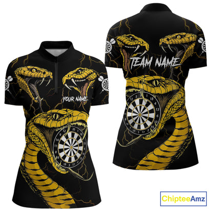 Personalized Black Yellow Cobra Snake Darts Shirt For Women, Darts Team Jerseys Polo & 1/4 Zip TDM4249