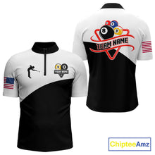 Load image into Gallery viewer, 8 ball and 9 ball quarter zip billiard shirt for men, custom pool team jersey and tournament apparel.