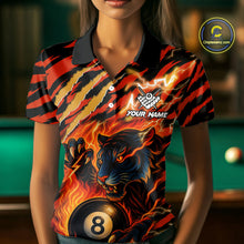 Load image into Gallery viewer, Woman wearing an orange flaming tiger 8 ball custom billiard jersey front view, personalized pool team shirt.
