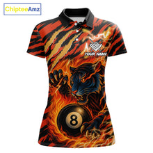 Load image into Gallery viewer, Orange flaming tiger 8 ball pool team polo shirt with custom billiard graphics, personalized billiard team jersey.