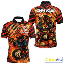 Load image into Gallery viewer, Orange flaming tiger 8 ball custom billiard polo shirt for men, personalized pool team jersey for tournaments.