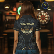 Load image into Gallery viewer, Black And Gold Dartboard Crown Wings Custom Darts Shirt For Women, Darts Team Jerseys Polo &amp; 1/4 Zip TDM4420