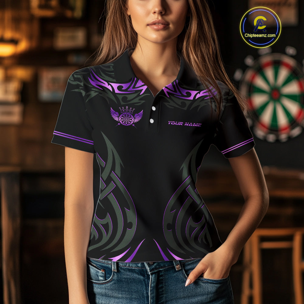 Black And Purple Dartboard Crown Wings Custom Darts Shirt For Women, Dart Team Jersey Polo & 1/4 Zip TDM4422