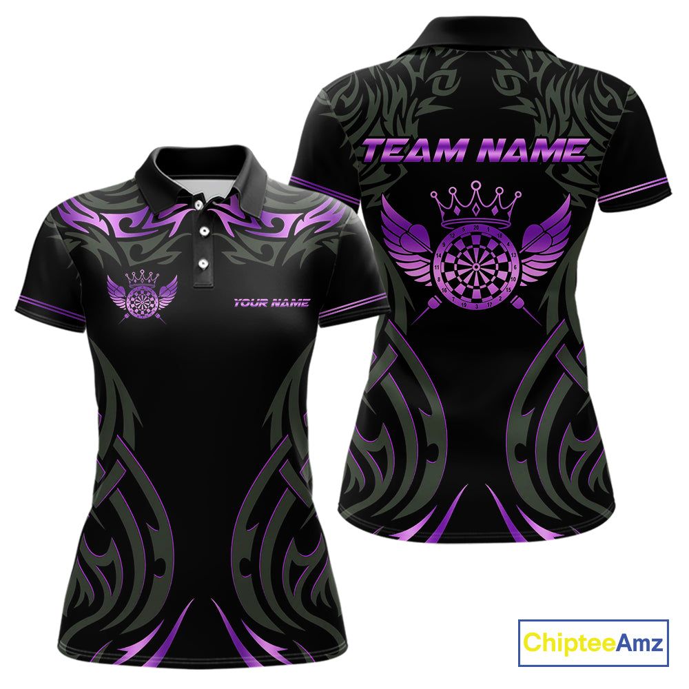 Black And Purple Dartboard Crown Wings Custom Darts Shirt For Women, Dart Team Jersey Polo & 1/4 Zip TDM4422
