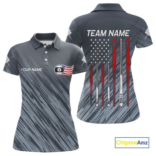 Personalized Billiard US Flag 9 Ball Pool Shirt For Women, Billiard Team Jersey Polo & 1/4 Zip TDM4426