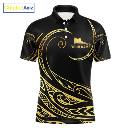 Custom Black and Gold 9 Ball Tribal Pattern Polo Shirt Designed for Personalized Billiard Team Jerseys with Elegant Graphics and Athletic Performance Style