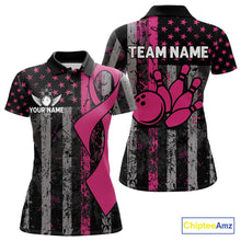 Load image into Gallery viewer, Custom Pink Ribbon Grunge US Flag Patriotic Bowling Shirt For Women, Breast Cancer Bowling Jerseys TDM4853