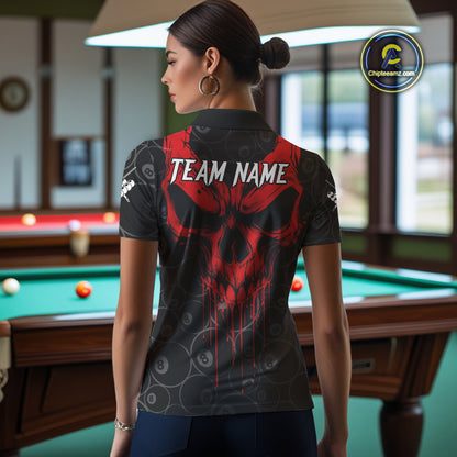 Personalized Skull 8 Ball Billiard Shirt For Women Custom Pool Team Jersey Polo & 1/4 Zip |Red TDM5069