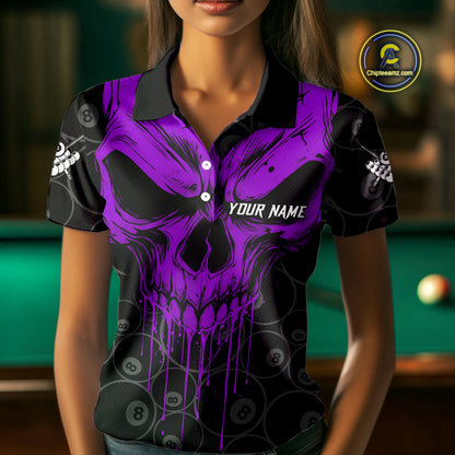 Personalized Skull 8 Ball Billiard Shirt For Women Custom Pool Team Jersey Polo & 1/4 Zip |Purple TDM5070