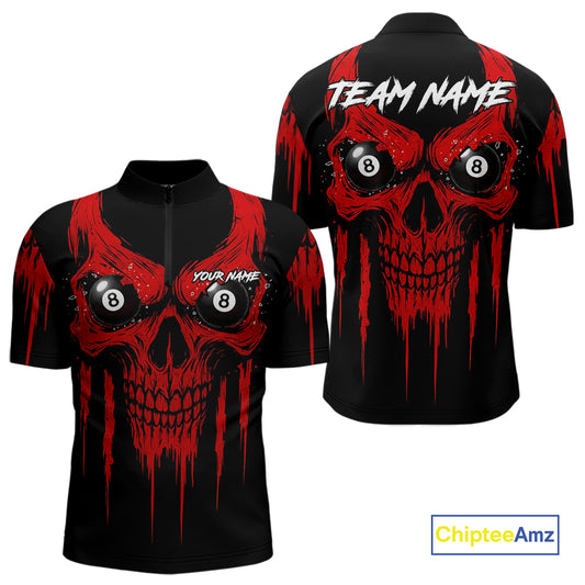 Red Grunge Skull Billiard Jersey For Men Custom 8 Ball Pool Billiard Shirt Team Polo & 1/4 Zip TDM5072
