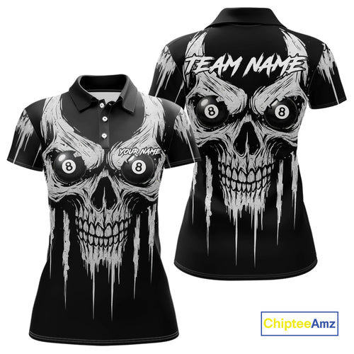 White Black Grunge Skull Billiard Jersey For Women Custom 8 Ball Pool Billiard Shirt Polo & 1/4 Zip TDM5073