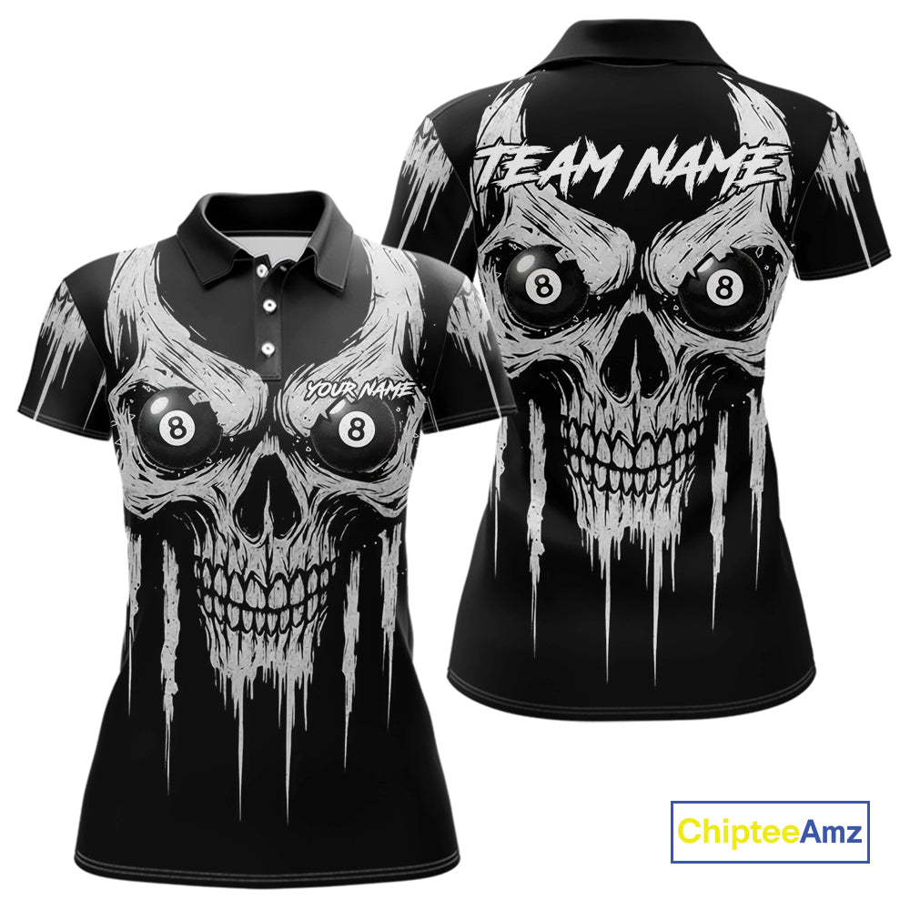 White Black Grunge Skull Billiard Jersey For Women Custom 8 Ball Pool Billiard Shirt Polo & 1/4 Zip TDM5073