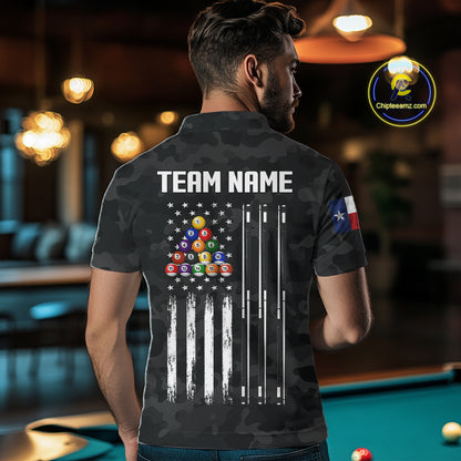 Personalized Texas & American Flag Camo Billiard Shirt For Men Custom Patriotic Pool Team Jersey TDM5543