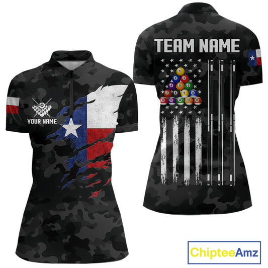 Personalized Texas & American Flag Camo Billiard Shirt For Women Custom Patriotic Pool Team Jersey TDM5543
