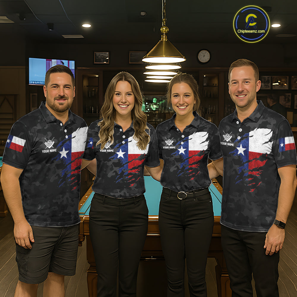Personalized Texas & American Flag Camo Billiard Shirt For Men Custom Patriotic Pool Team Jersey TDM5543